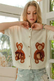 BiBi Teddy Bear With Bow Patched Sweater Button Down Top - Trendsi - Flyclothing LLC