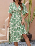 Printed V-Neck Flutter Sleeve Dress - Trendsi - Flyclothing LLC