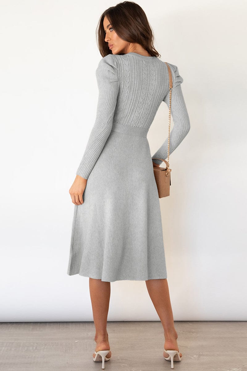 Round Neck Long Sleeve Tie Waist Sweater Dress - Trendsi