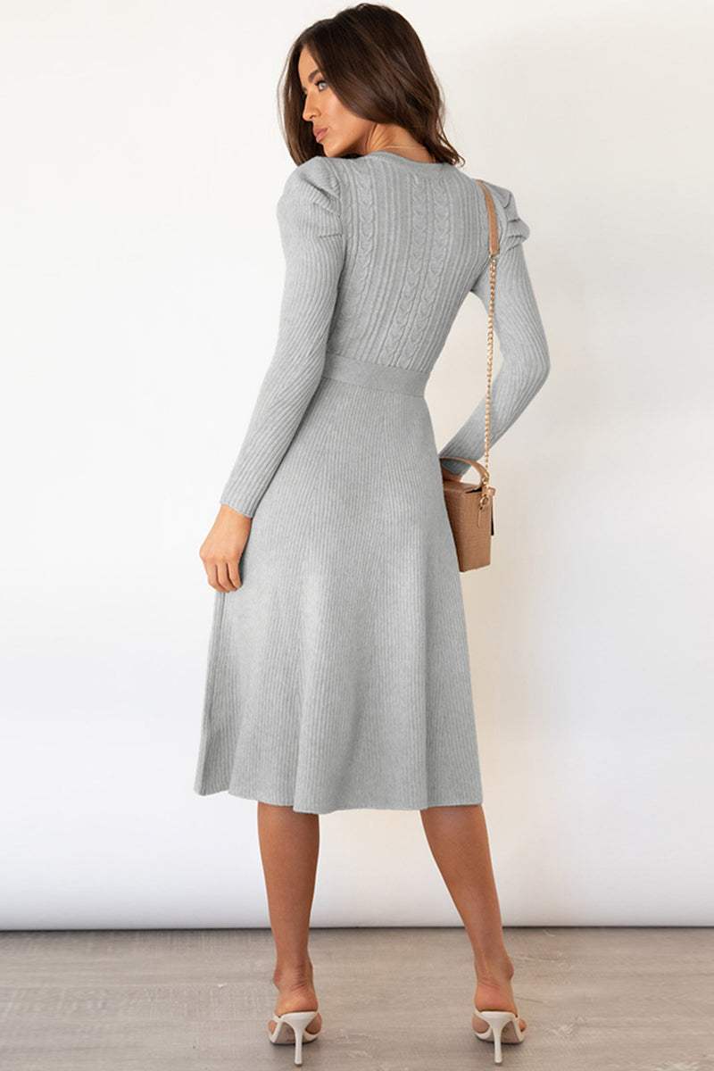 Round Neck Long Sleeve Tie Waist Sweater Dress - Trendsi - Flyclothing LLC