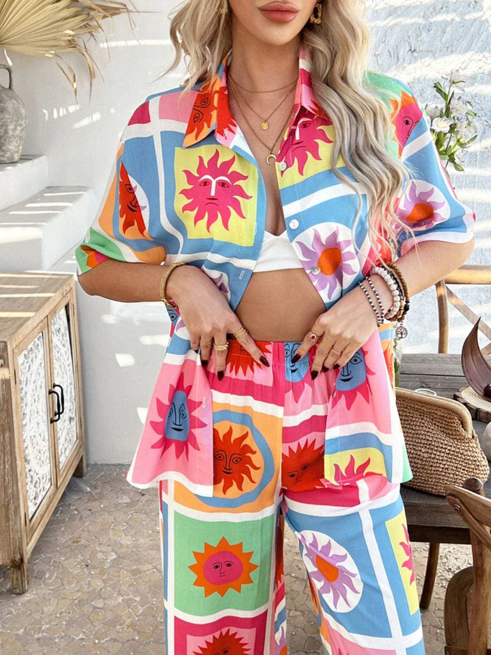 Devine Printed Collared Neck Half Sleeve Top and Pants Set - Trendsi - Flyclothing LLC