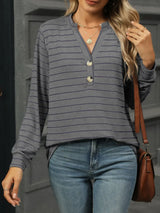 Striped Henley T-Shirt with Button Detail - Trendsi - Flyclothing LLC