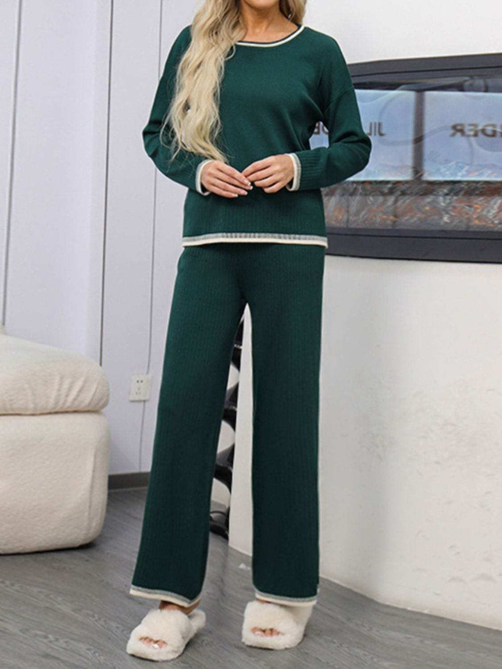 Contrast Trim Round Neck Top and Pants Sweater Set - Trendsi - Flyclothing LLC