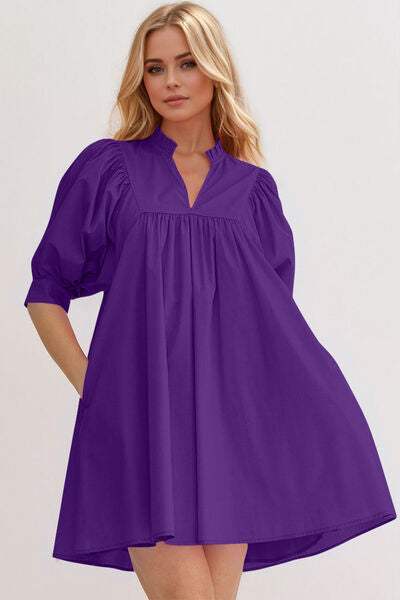 Oh Frill Notched Puff Sleeve Babydoll Mini Dress - Trendsi - Flyclothing LLC