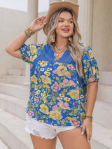 Plus Size Printed Notched Short Sleeve Blouse - Trendsi - Flyclothing LLC