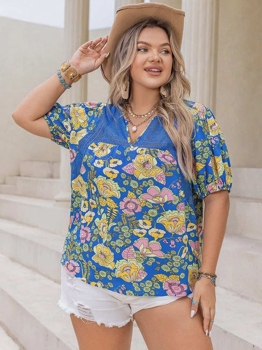 Plus Size Printed Notched Short Sleeve Blouse - Trendsi - Flyclothing LLC