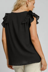 Umgee Full Size V-Neck Double Layered Ruffle Sleeve Blouse Plus Size - Trendsi - Flyclothing LLC