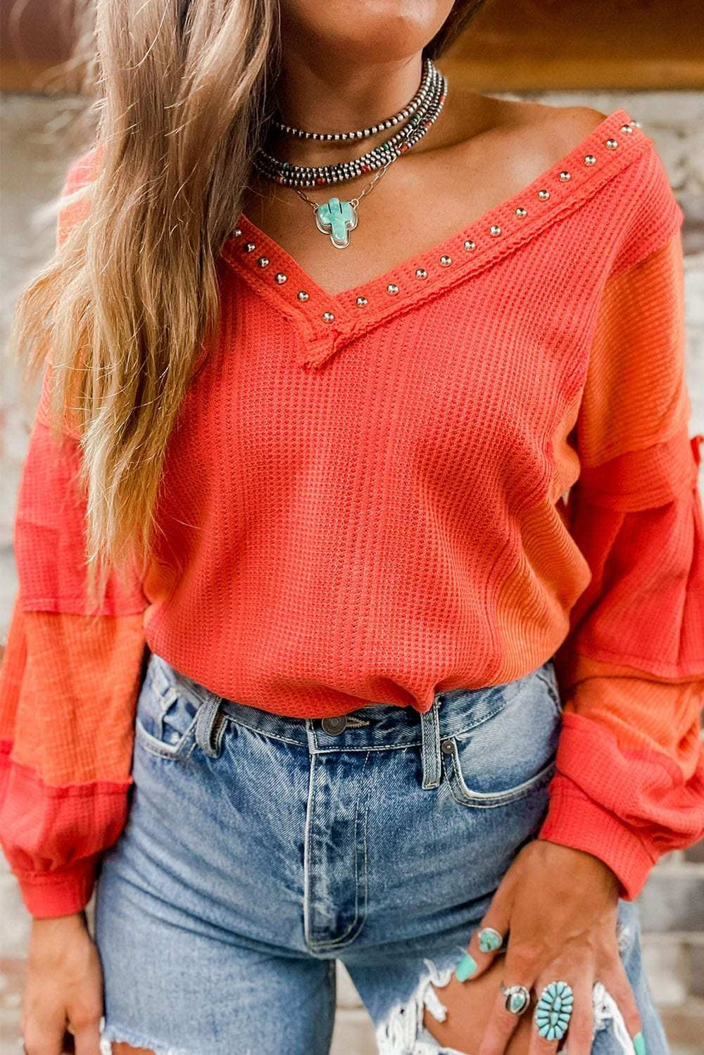 Studded Waffle-Knit V-Neck Long Sleeve Top - Trendsi - Flyclothing LLC
