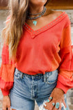 Studded Waffle-Knit V-Neck Long Sleeve Top - Trendsi - Flyclothing LLC
