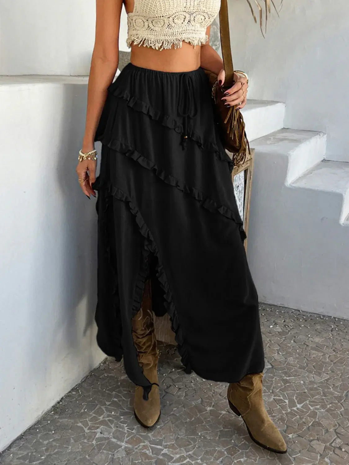 Devine Slit Drawstring Ruffled Skirt - Trendsi - Flyclothing LLC
