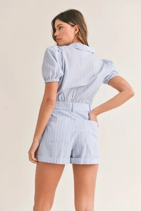 MABLE Striped Puff Sleeve Collared Neck Romper - Trendsi - Flyclothing LLC
