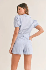 MABLE Striped Puff Sleeve Collared Neck Romper - Trendsi - Flyclothing LLC