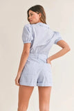 MABLE Striped Puff Sleeve Collared Neck Romper - Trendsi