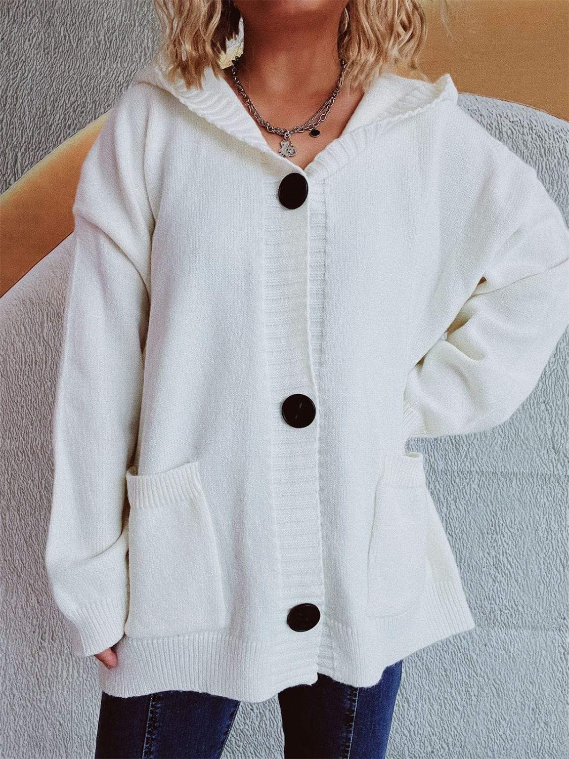 Dropped Shoulder Long Sleeve Hooded Cardigan - Trendsi - Flyclothing LLC