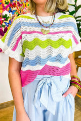 Color Block Crochet Ruffled Short Sleeve Knit Top - Trendsi - Flyclothing LLC