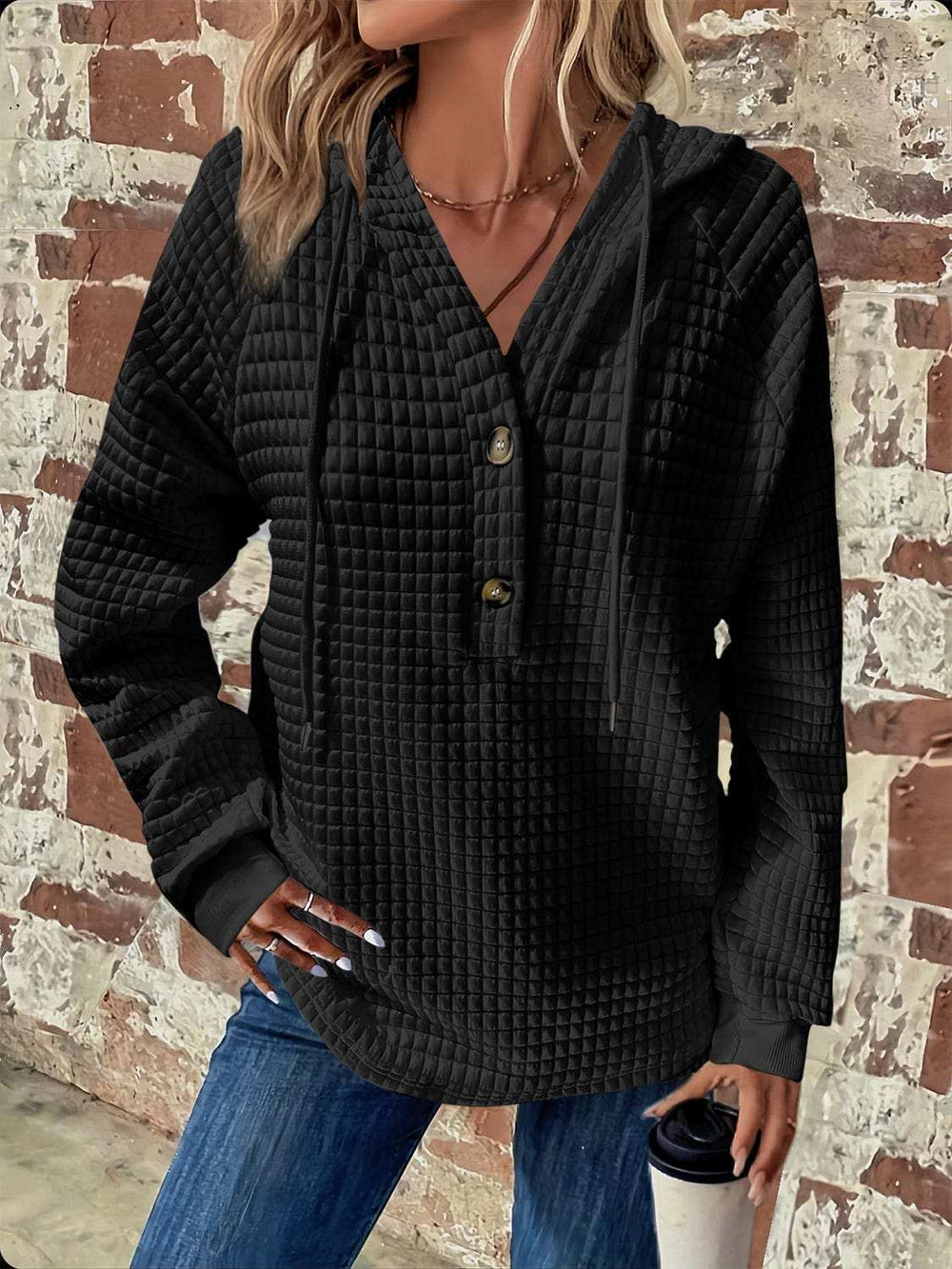 Full Size Texture Button Detail Drawstring Long Sleeve Hoodie - Trendsi - Flyclothing LLC