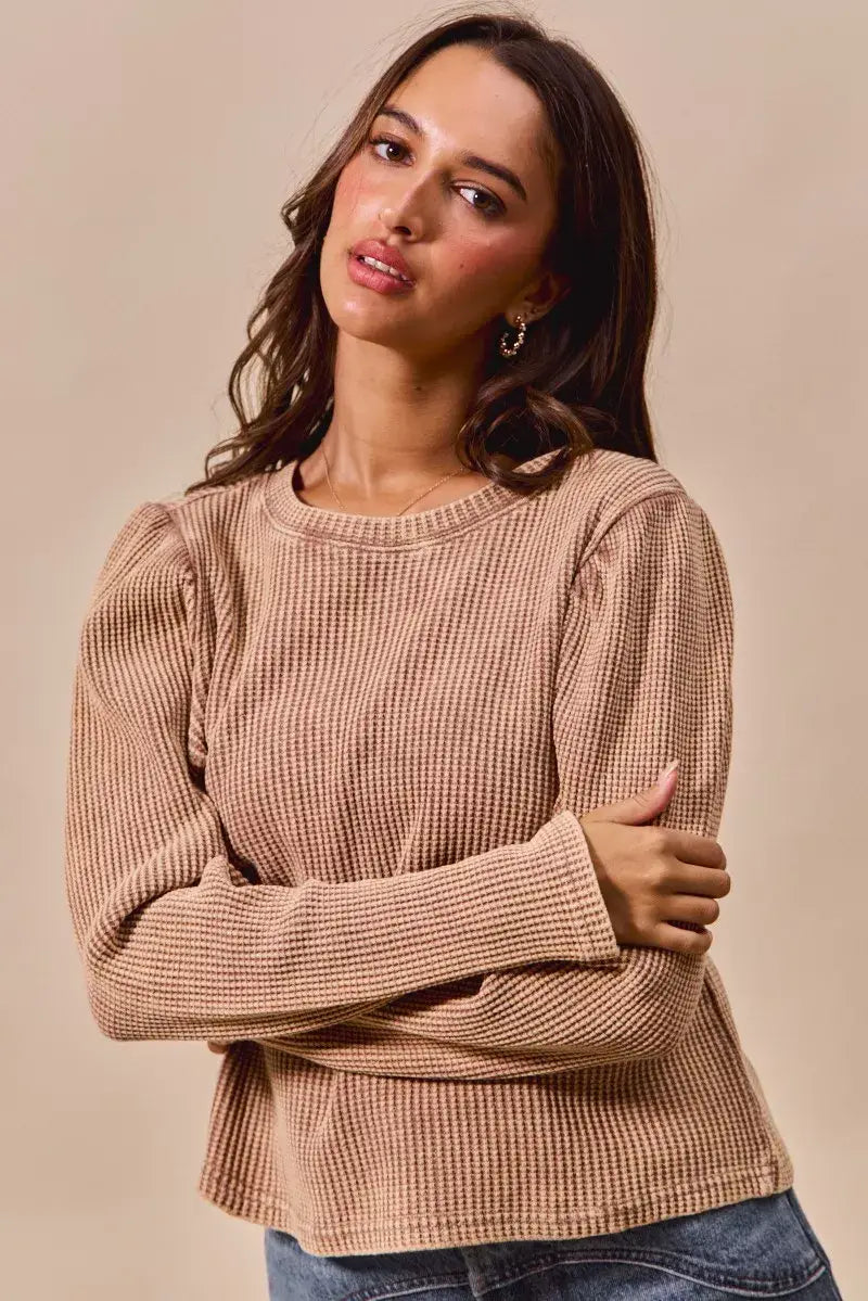 SO ME Mineral Washed Waffle Top With Puff Sleeves - Trendsi - Flyclothing LLC