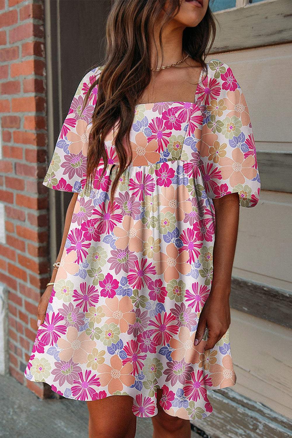 Printed Square Neck Half Sleeve Mini Dress - Trendsi - Flyclothing LLC