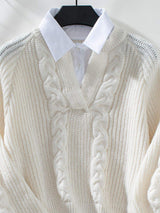 Cable-Knit Collared Neck Faux Layered Sweater - Trendsi - Flyclothing LLC