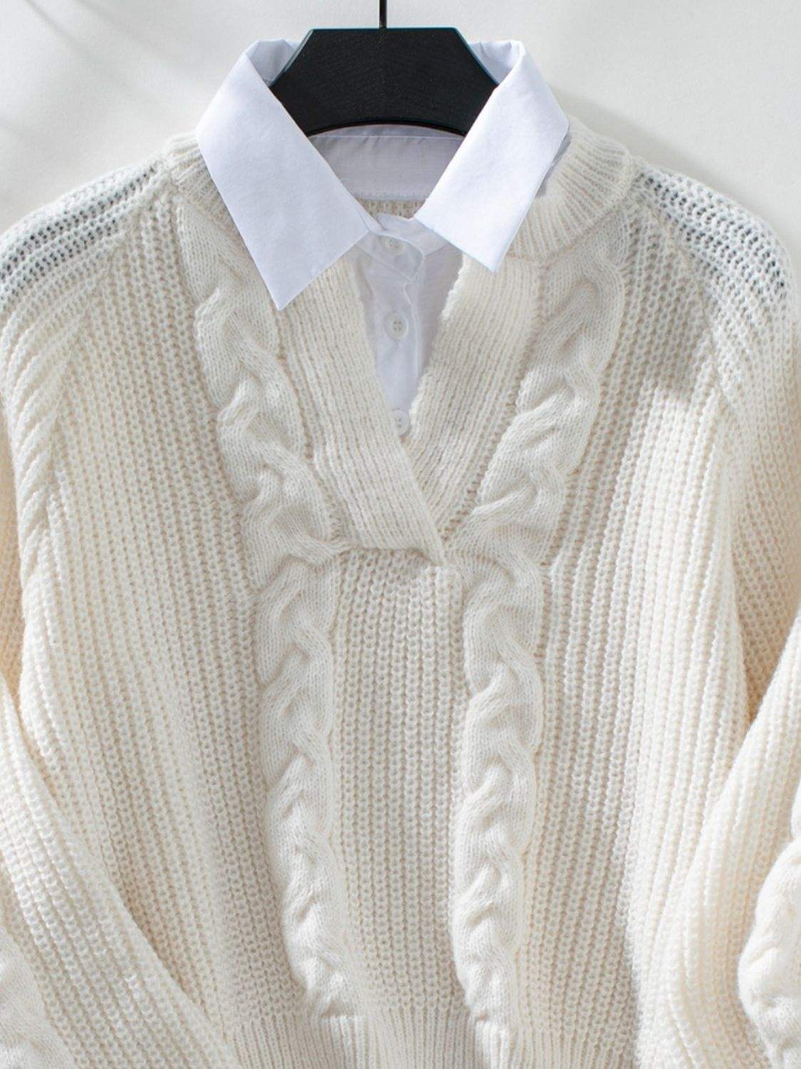 Cable-Knit Collared Neck Faux Layered Sweater - Trendsi - Flyclothing LLC