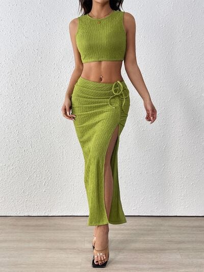 Perfee Texture Cropped Tank and Ruched Skirt Set - Trendsi