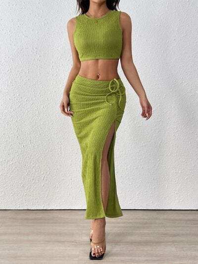 Perfee Texture Cropped Tank and Ruched Skirt Set - Trendsi - Flyclothing LLC