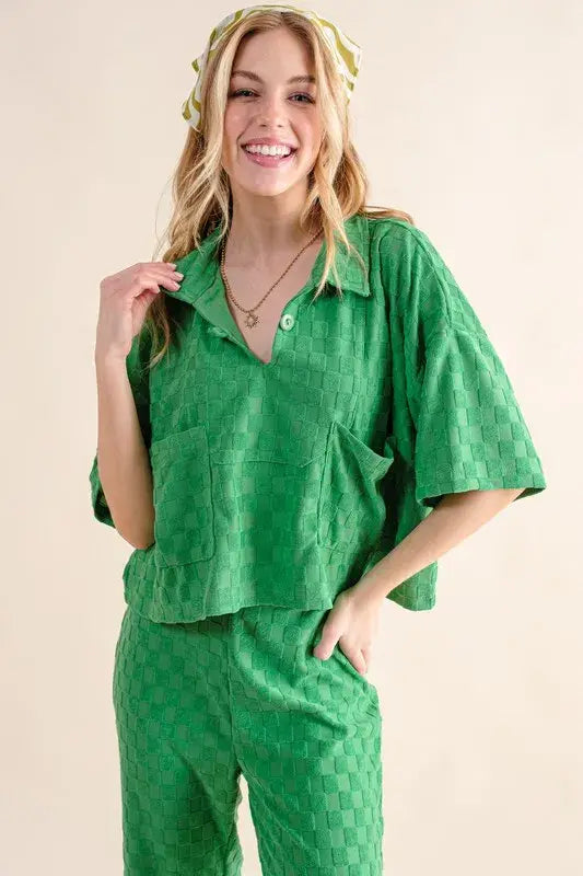 And The Why Brushed Texture Checker Board Pattern Casual Top - Trendsi - Flyclothing LLC