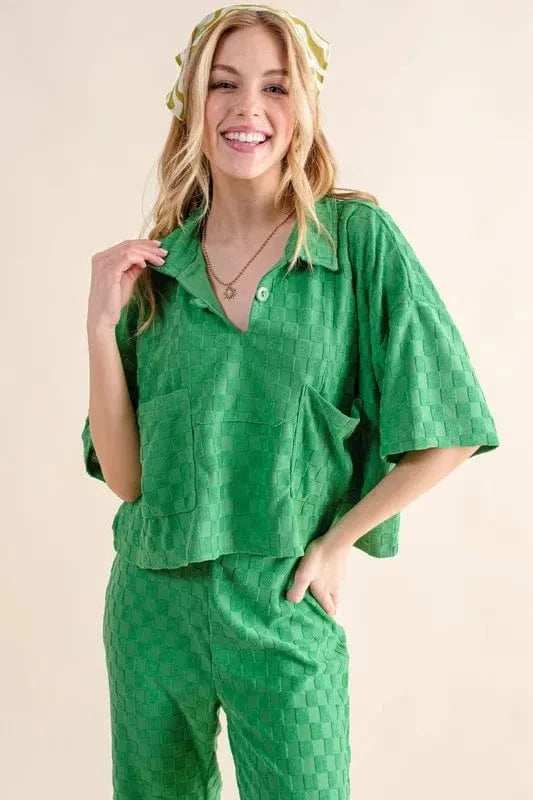 And The Why Brushed Texture Checker Board Pattern Casual Top - Trendsi - Flyclothing LLC