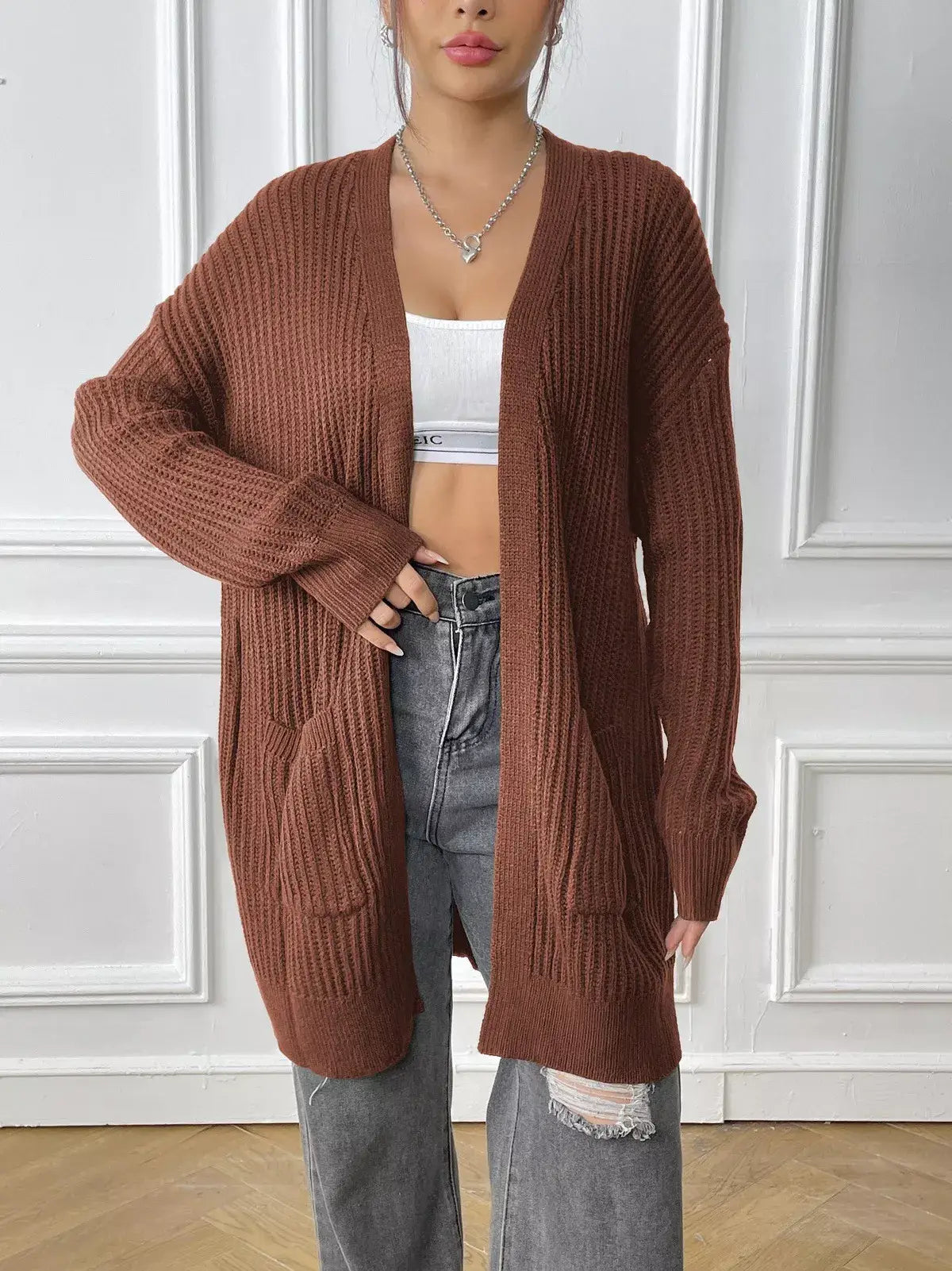 Open Front Drop Shoulder Cardigan - Trendsi - Flyclothing LLC
