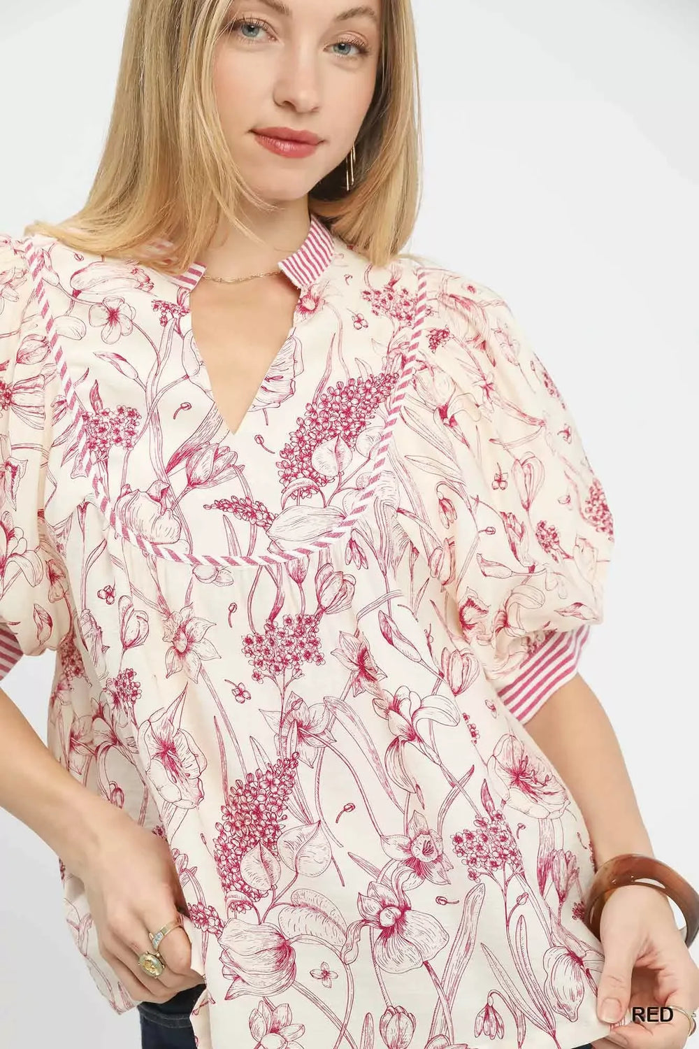 Umgee Mixed Print Puff Sleeve Split Neck Top - Trendsi - Flyclothing LLC