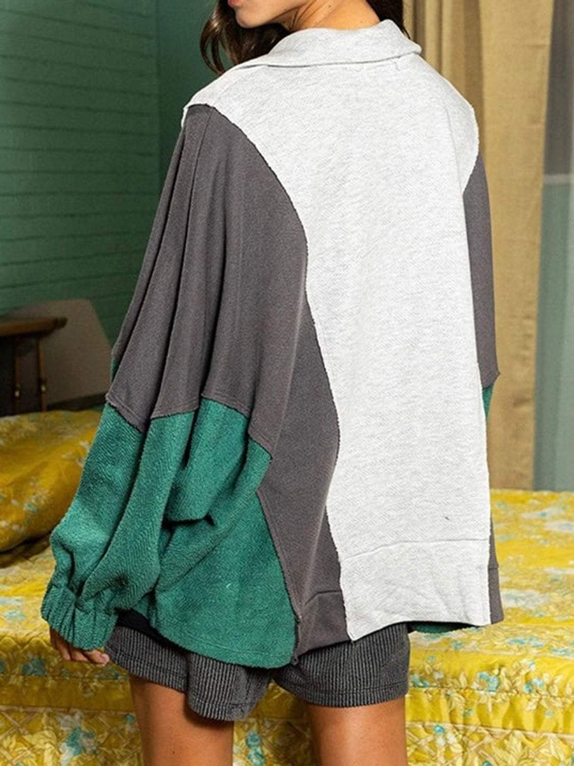 High-Low Exposed Seam Contrast Long Sleeve Sweatshirt - Trendsi - Flyclothing LLC