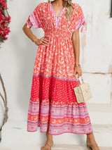Floral Print Tasseled Tied Sleeve Empire Waist Dress - Trendsi - Flyclothing LLC