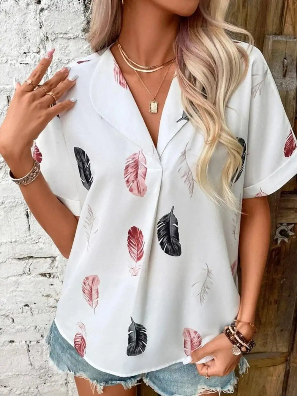 Full Size Printed Collared Neck Short Sleeve Blouse - Trendsi