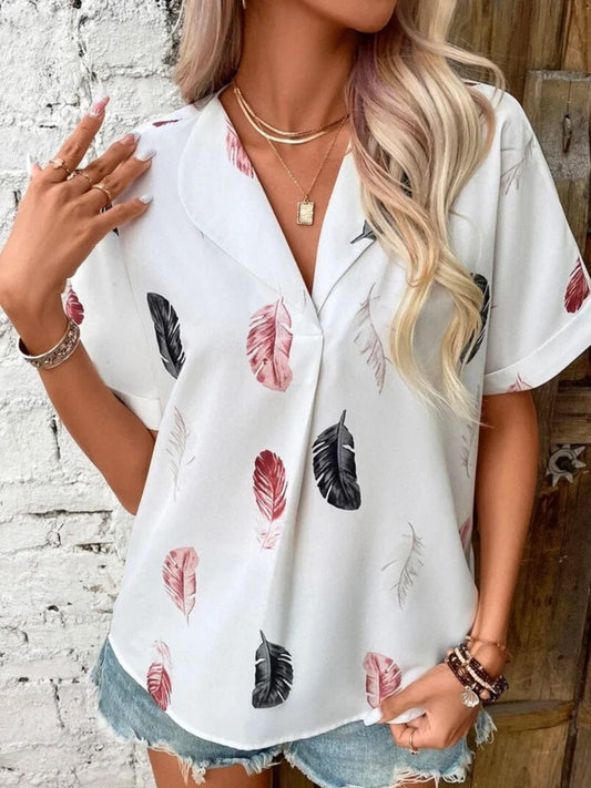 Full Size Printed Collared Neck Short Sleeve Blouse - Trendsi