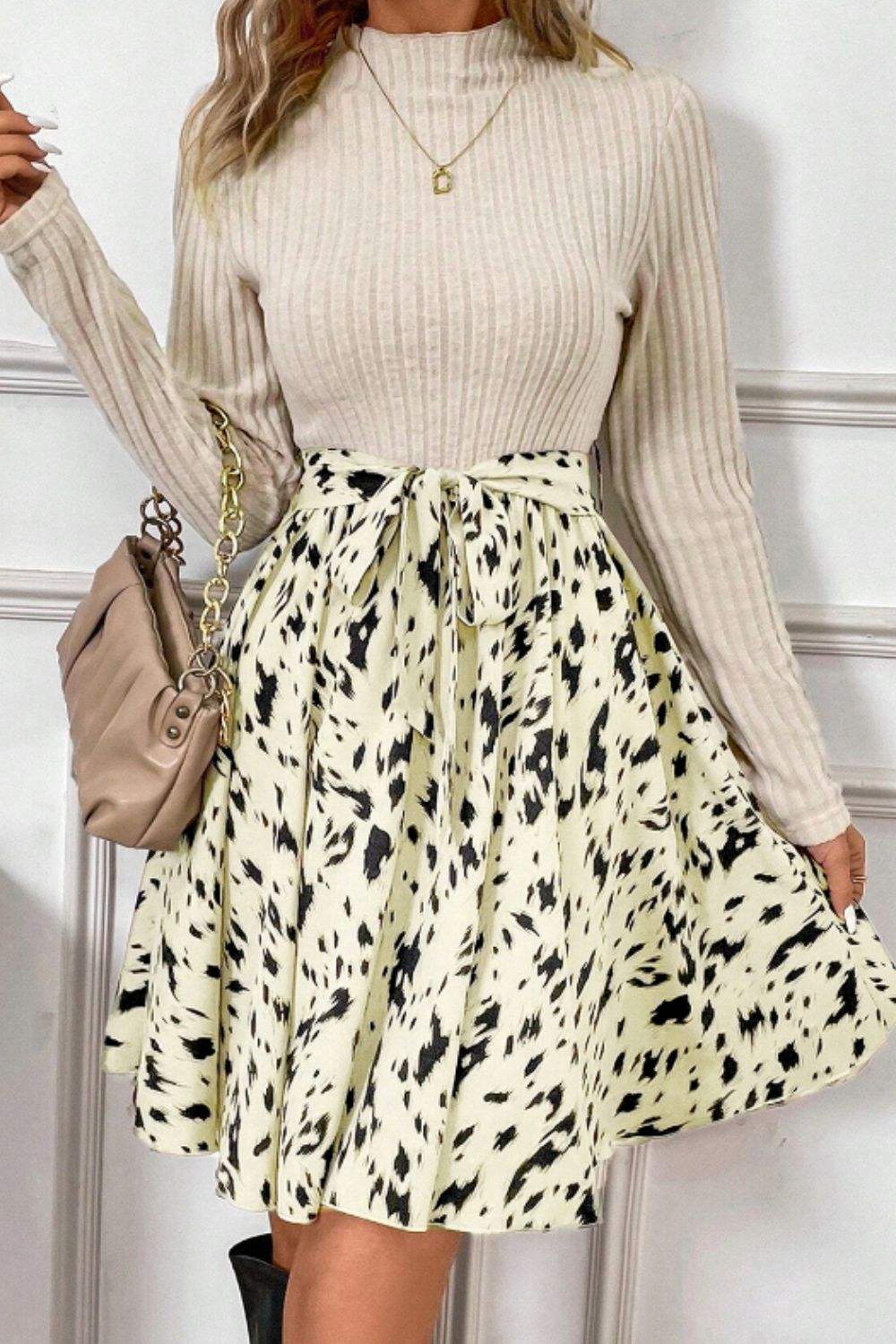 Printed Tie Waist Mock Neck Long Sleeve Dress - Trendsi - Flyclothing LLC