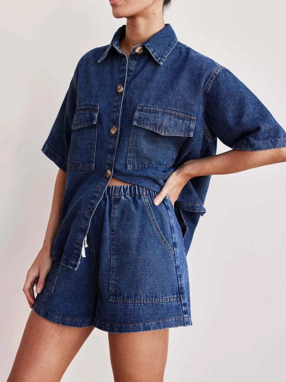 Button Up Short Sleeve Top and Shorts Denim Set - Trendsi - Flyclothing LLC