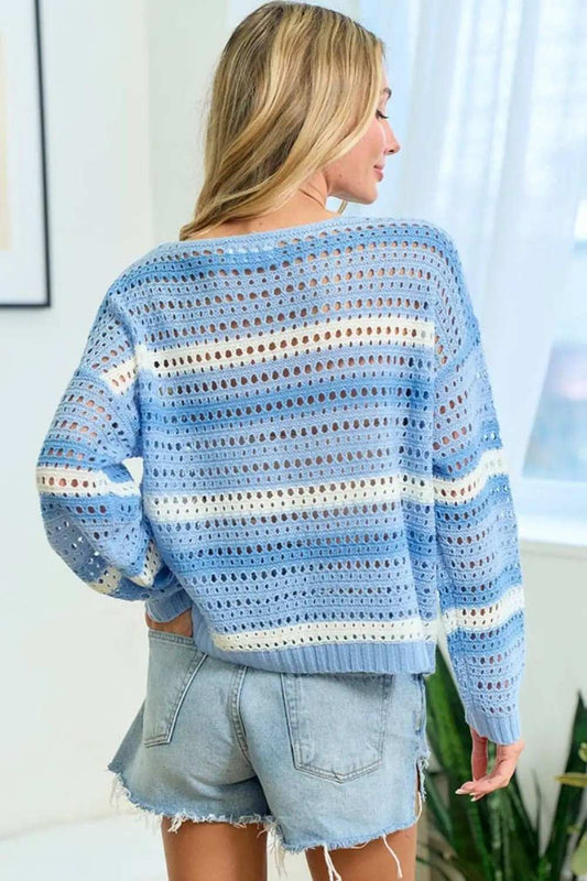 First Love Striped Long Sleeve Openwork Knit Top - Trendsi - Flyclothing LLC