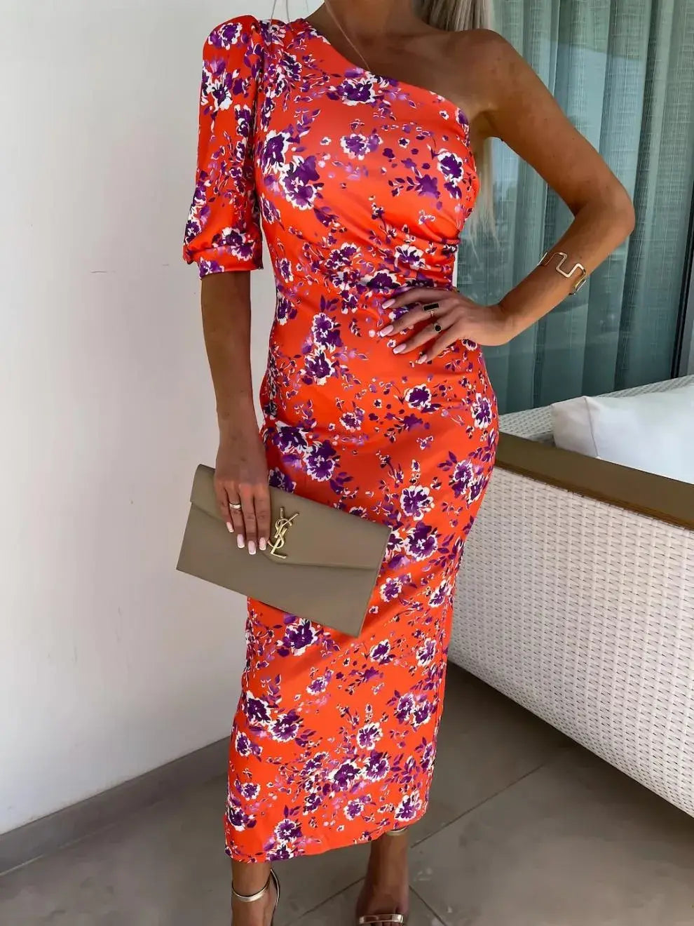 Slit Printed Single Shoulder Midi Dress - Trendsi - Flyclothing LLC