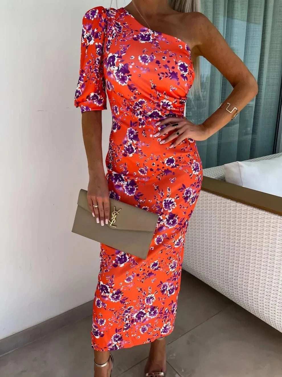 Slit Printed Single Shoulder Midi Dress - Trendsi - Flyclothing LLC