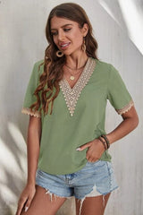Full Size Lace Detail V-Neck Short Sleeve Blouse - Trendsi