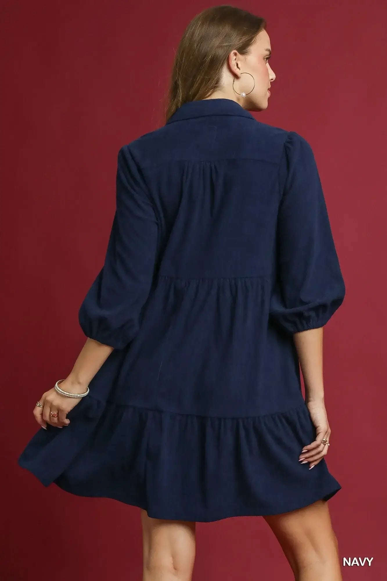 Umgee Tiered Corduroy Mini Dress with Balloon Sleeves - Trendsi - Flyclothing LLC