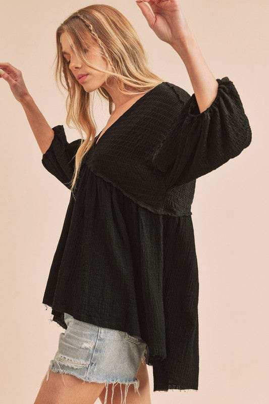 Aemi + Co High-Low Frayed Hem V-Neck Blouse - Trendsi - Flyclothing LLC
