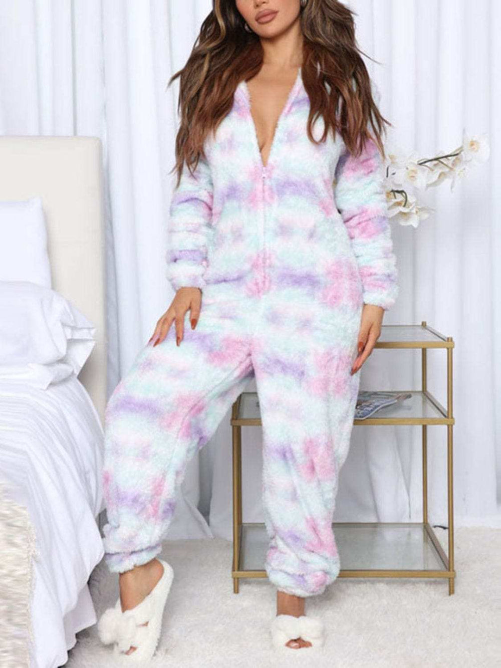 Printed Zip Up Long Sleeve Hooded Lounge Jumpsuit - Trendsi - Flyclothing LLC