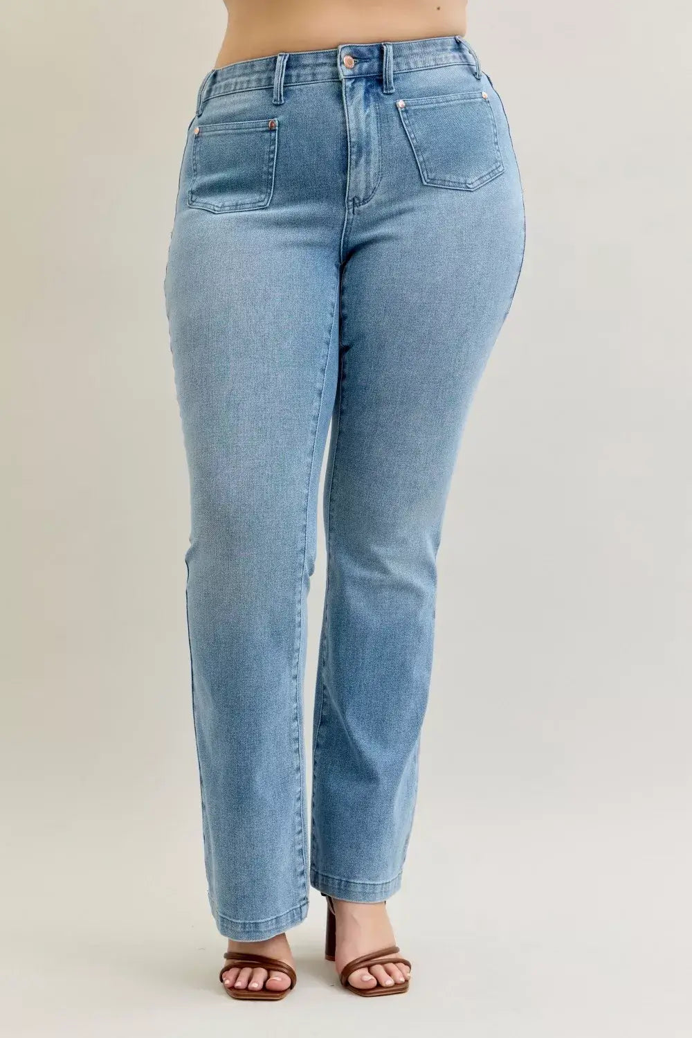 Judy Blue Full Size Mid Rise Bootcut Jeans with Contrast Wash & Front Patch Pockets Plus Size - Trendsi - Flyclothing LLC