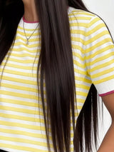 Contrast Trim Striped Short Sleeve Knit Top - Trendsi - Flyclothing LLC