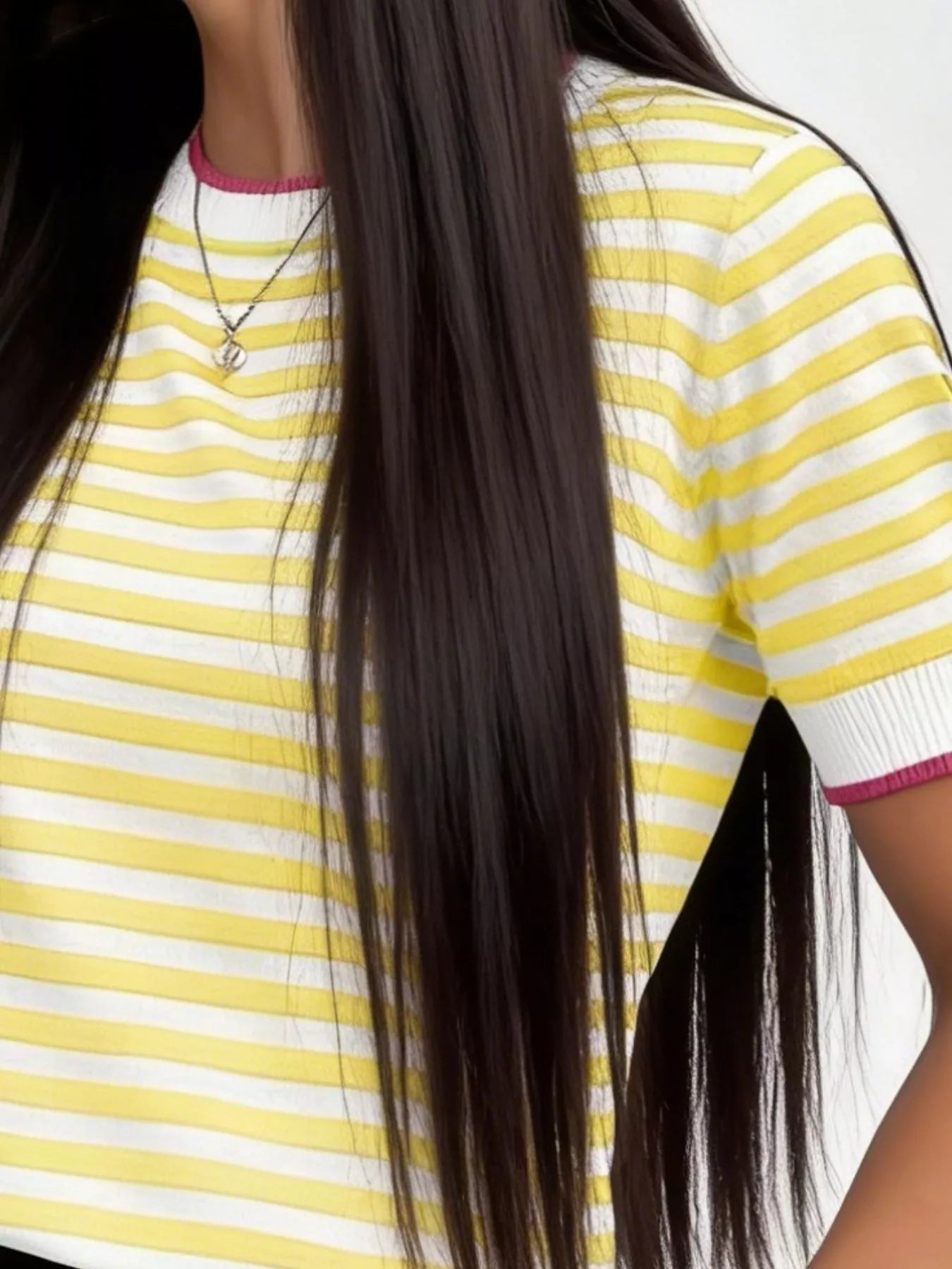 Contrast Trim Striped Short Sleeve Knit Top - Trendsi - Flyclothing LLC