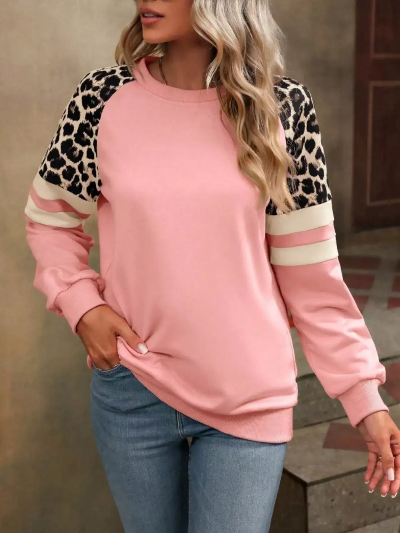 Leopard Round Neck Raglan Sleeve Sweatshirt - Trendsi - Flyclothing LLC