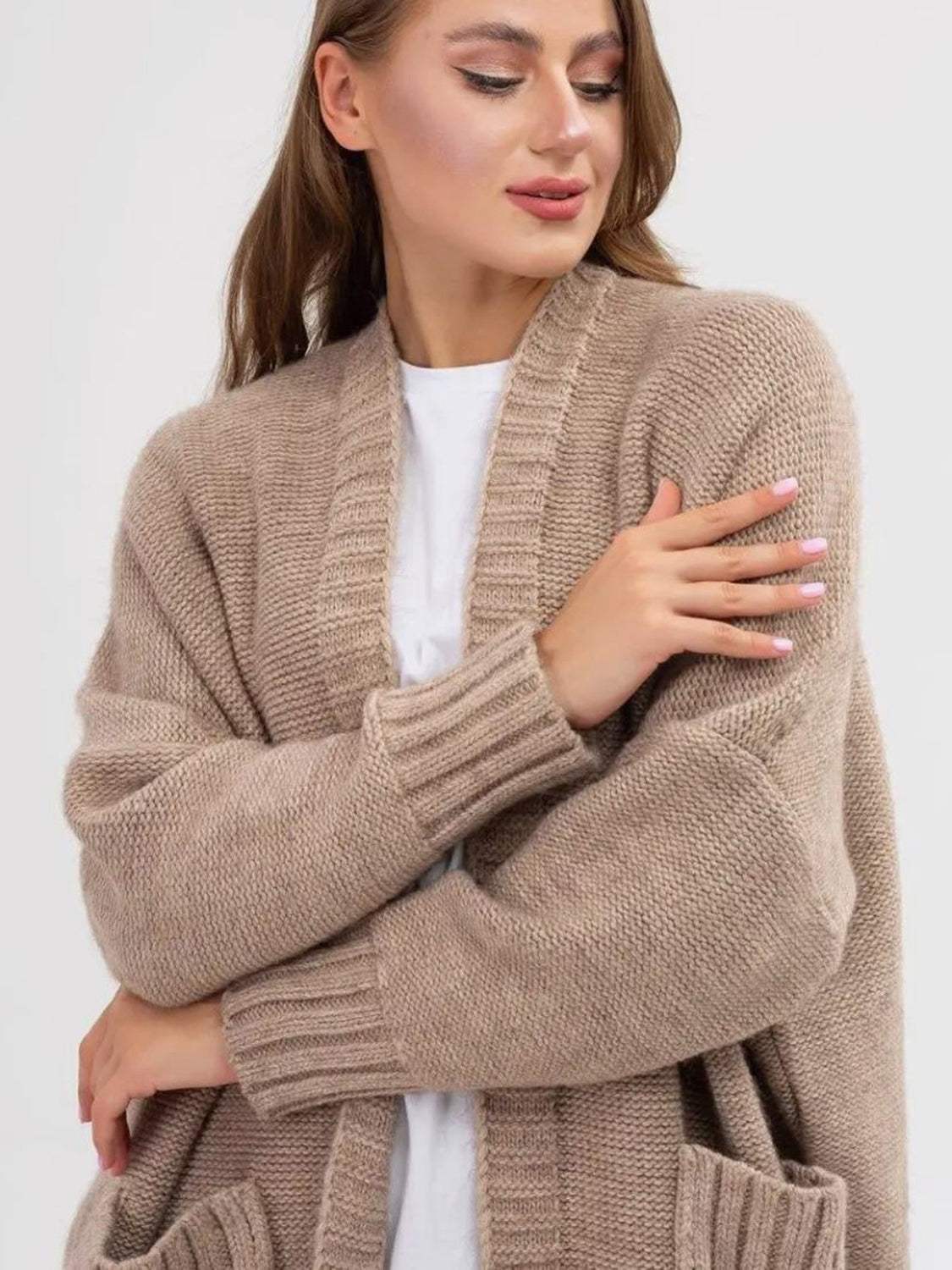 Pocketed Open Front Long Sleeve Longline Cardigan - Trendsi - Flyclothing LLC