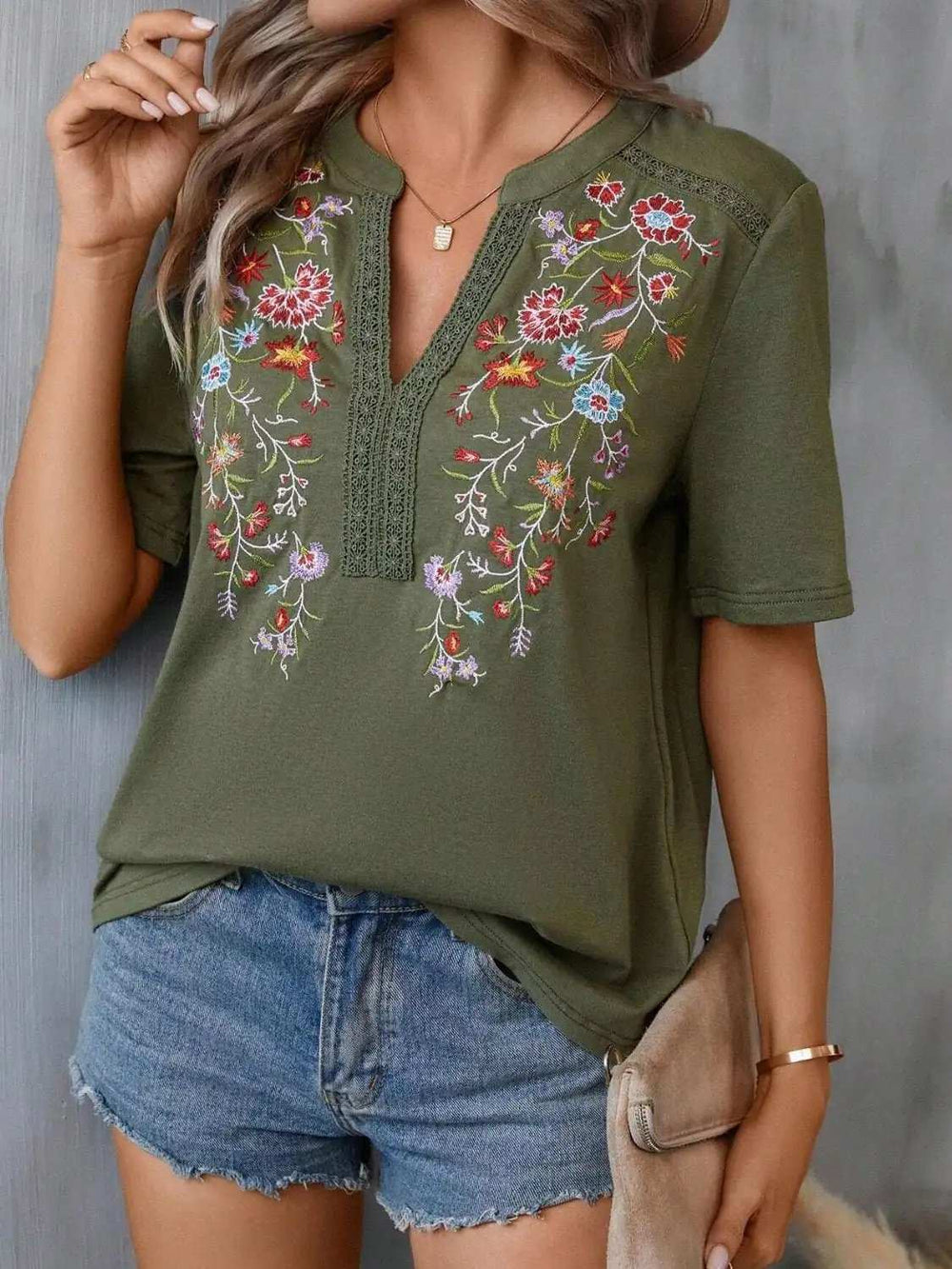 Embroidered Notched Short Sleeve T-Shirt - Trendsi - Flyclothing LLC