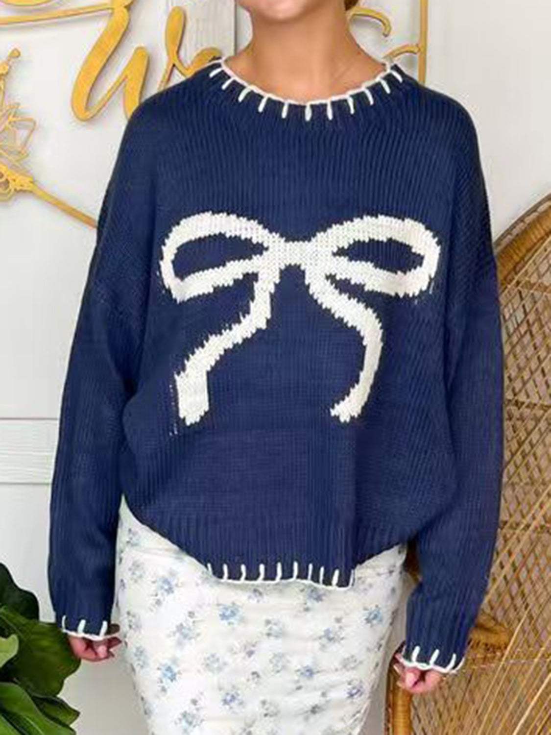 Bow Round Neck Long Sleeve Sweater - Trendsi - Flyclothing LLC